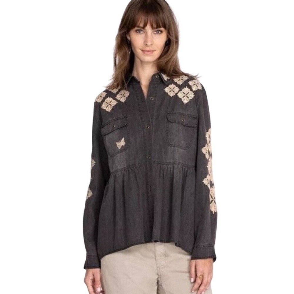 Johnny Was Nichelle Button Down Babydoll Shirt Washed Black Embroidered Sz S